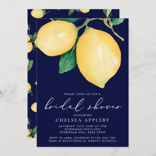 Watercolor Lemons  Navy Bridal Shower Invitation