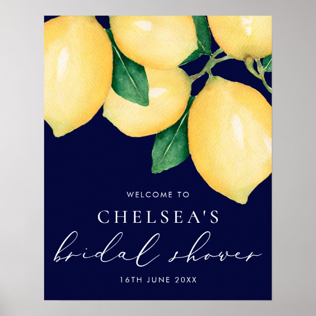 Watercolor Lemons Navy Bridal Shower Welcome Poster (Front)