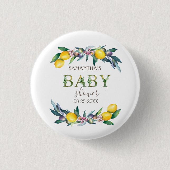 Watercolor Lemons Olives Baby Shower   Button (Front)