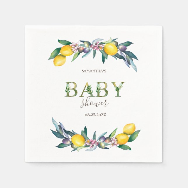 Watercolor Lemons Olives Baby Shower   Napkins (Front)