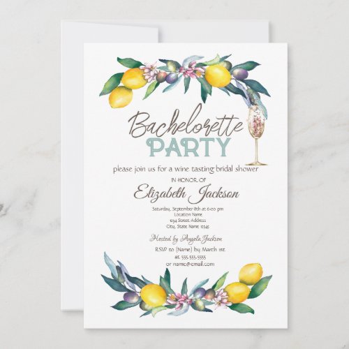 Watercolor Lemons Olives Glass Bachelorette   Invitation