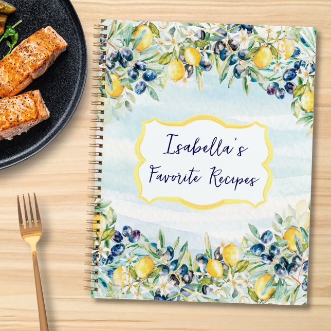 Watercolor Lemons Olives Personalized Recipe Book (Creator Uploaded)