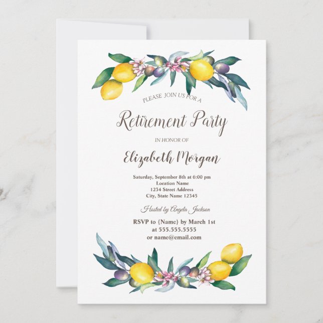 Watercolor Lemons Olives Retirement  Invitation (Front)