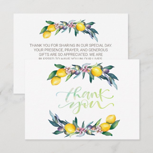 Watercolor Lemons Olives Thank You Card (Front/Back)