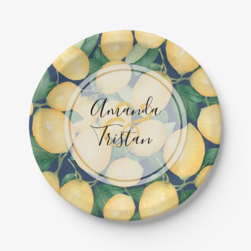 Watercolor Lemons on Navy Blue Personalized Paper Plates