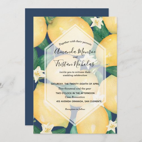 Watercolor Lemons on Navy Blue Wedding Invitations