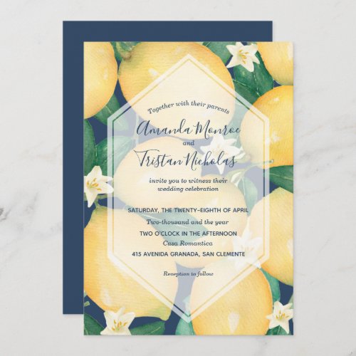 Watercolor Lemons on Navy Blue Wedding Invitations