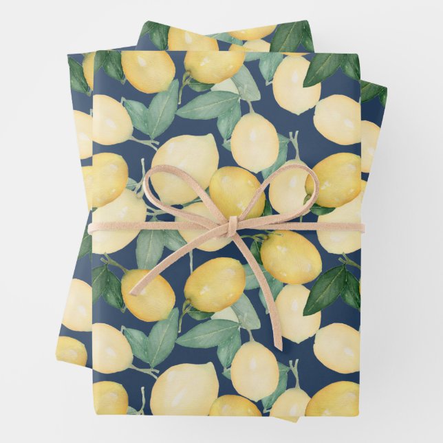 Watercolor Lemons on Navy Blue Wrapping Paper Sheets (In situ)
