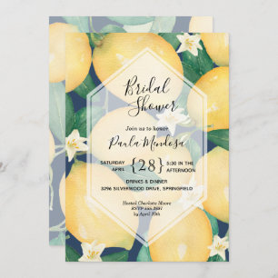 Watercolor Lemons on Navy Bridal Shower Invitation