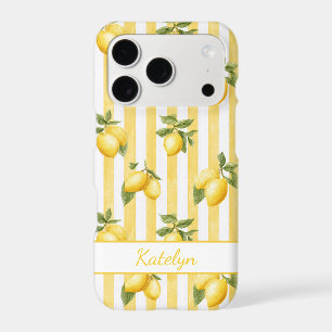 Watercolor Lemons On Yellow Stripes Monogrammed iPhone 17 Pro Case
