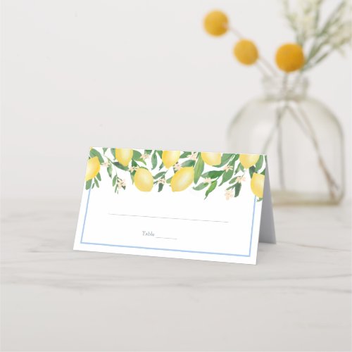 Watercolor Lemons Pale Blue Wedding Reception Place Card