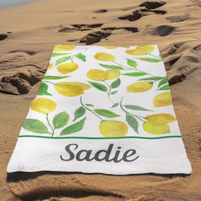 Watercolor Lemons Pattern Personalized Beach Towel (Creator Uploaded)