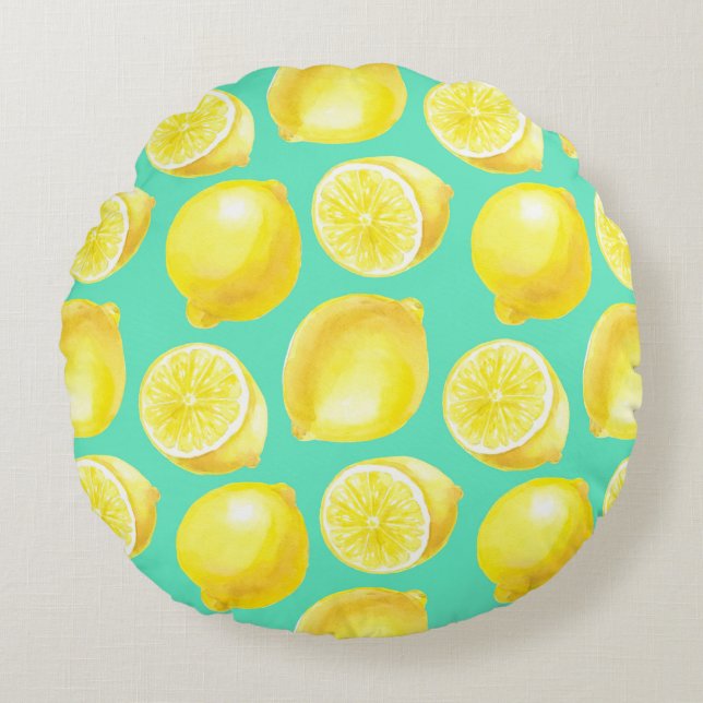 Watercolor lemons pattern round pillow (Front)