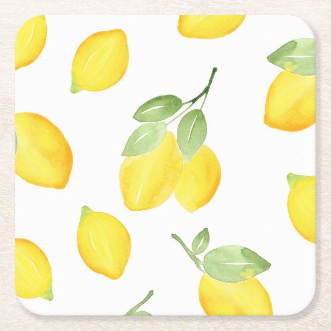Watercolor Lemons Pattern  Square Paper Coaster (Front)
