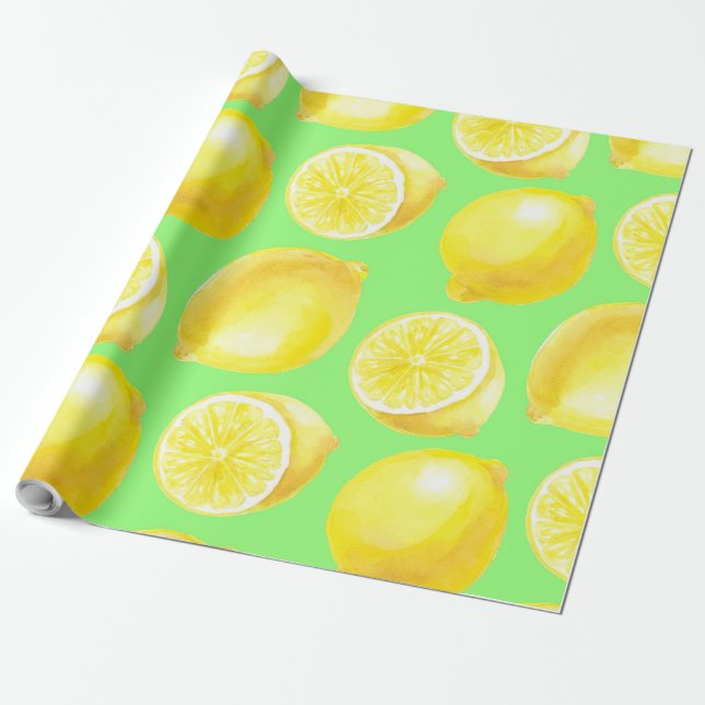 Watercolor lemons pattern wrapping paper (Unrolled)
