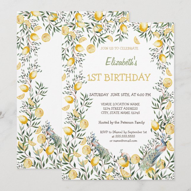 Watercolor Lemons Peacock Birthday  Invitation (Front/Back)