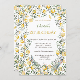 Watercolor Lemons Peacock Birthday Invitation
