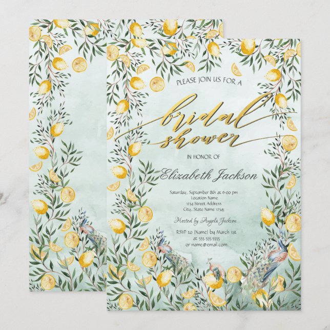 Watercolor Lemons Peacocks  Green Bridal Shower  Invitation (Front/Back)