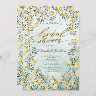 Watercolor Lemons Peacocks  Green Bridal Shower  Invitation
