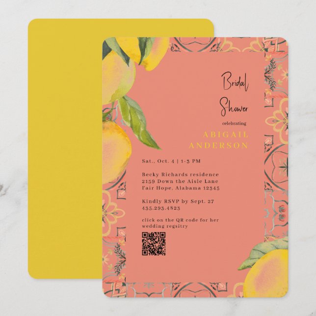 Watercolor Lemons Persimmon Rounded Bridal Shower  Invitation (Front/Back)