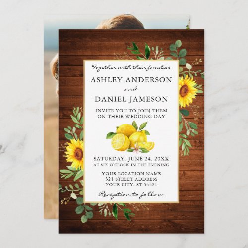 Watercolor Lemons Photo Wood Sunflowers Wedding Invitation