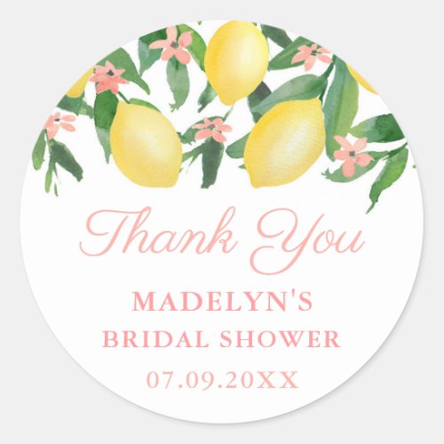 Watercolor Lemons Pink Baby Girl Shower Thank You Classic Round Sticker