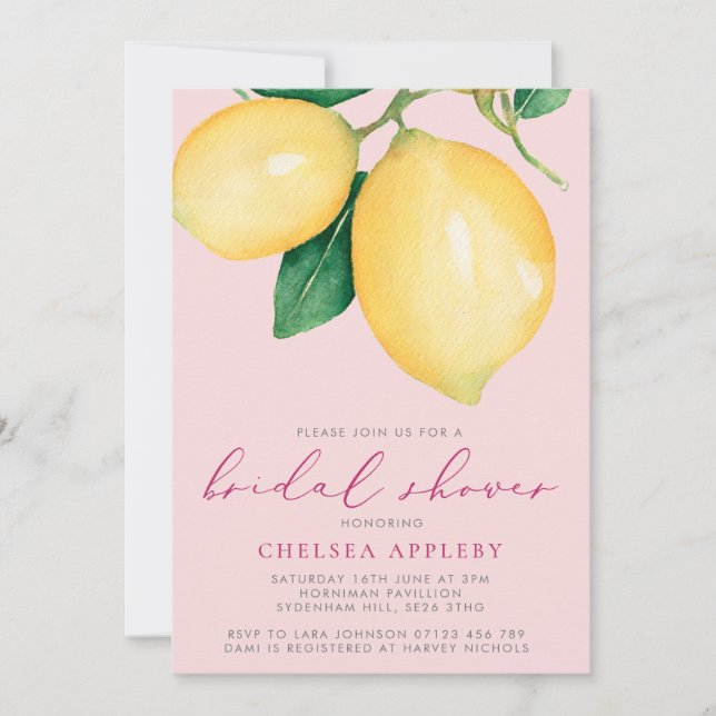Watercolor Lemons & Pink Bridal Shower Invitation (Front)