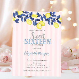  Watercolor Lemons Pink Striped Sweet 16 Invitation