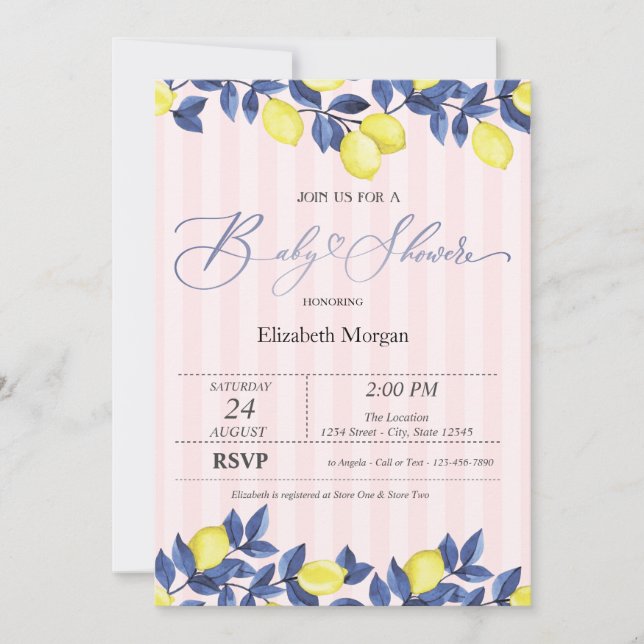Watercolor Lemons Pink Stripes Baby Shower  Invitation (Front)