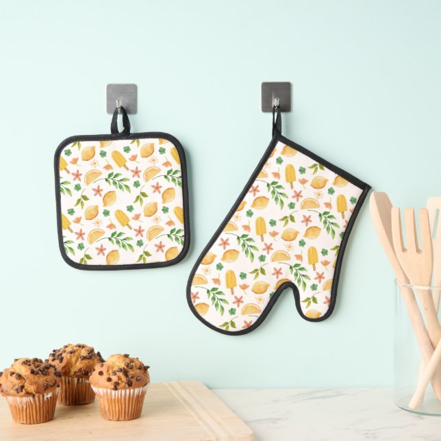 Watercolor Lemons & Popsicles Oven Mitt & Pot Holder Set (Insitu(Hanging))
