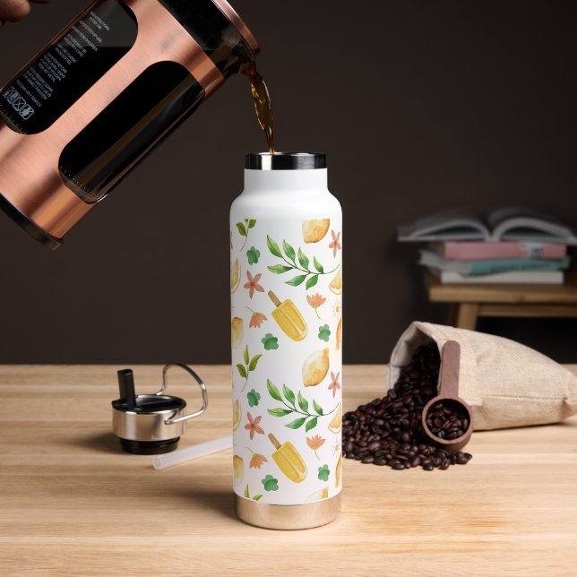 Watercolor Lemons & Popsicles Water Bottle (Coffee)