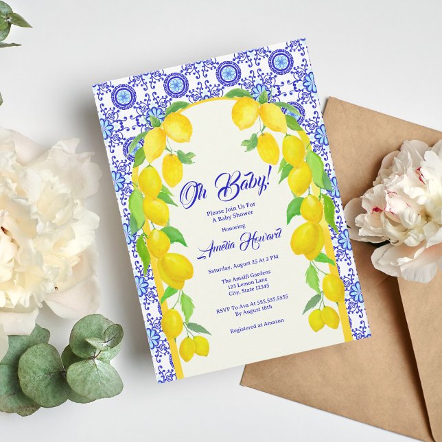 Watercolor Lemons Positano Amalfi Tile Baby Shower Invitation (Creator Uploaded)