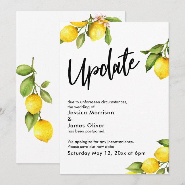 Watercolor Lemons Postponed Wedding Update Card (Front/Back)