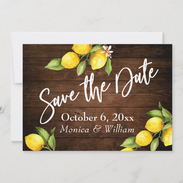 Watercolor Lemons Rustic Wood Save the Date Script (Front)