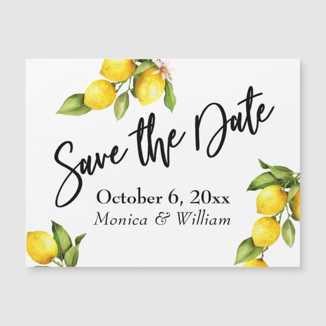 Watercolor Lemons Save the Date Magnetic Card (Front)