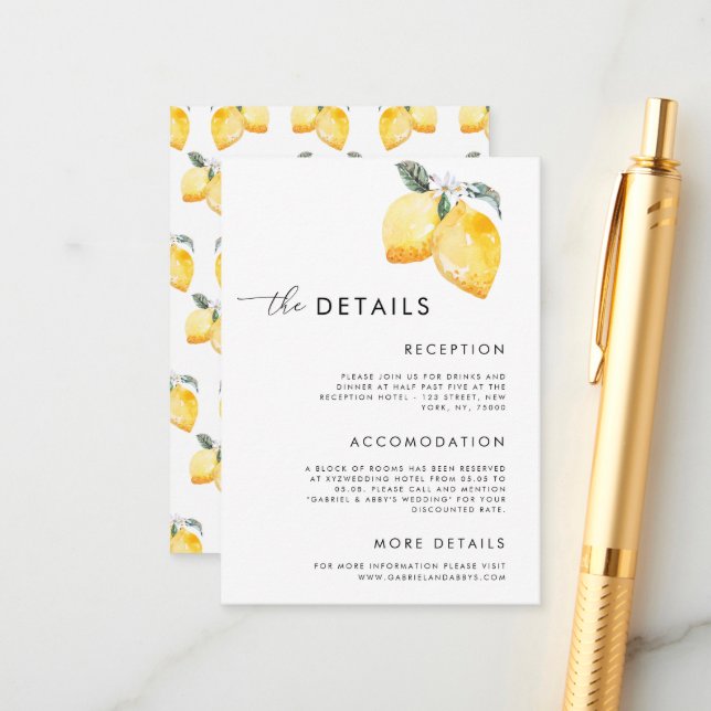 Watercolor Lemons Script Summer Wedding Details Enclosure Card (Front/Back In Situ)