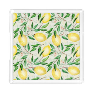 Watercolor lemons, seamless fruit pattern. acrylic tray