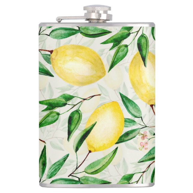 Watercolor lemons, seamless fruit pattern. flask (Front)