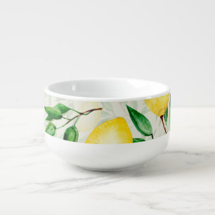 Watercolor lemons, seamless fruit pattern. soup mug