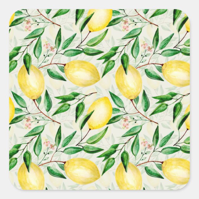 Watercolor lemons, seamless fruit pattern. square sticker (Front)