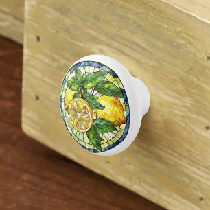 Watercolor Lemons Stained Glass Yellow Green Blue Ceramic Knob