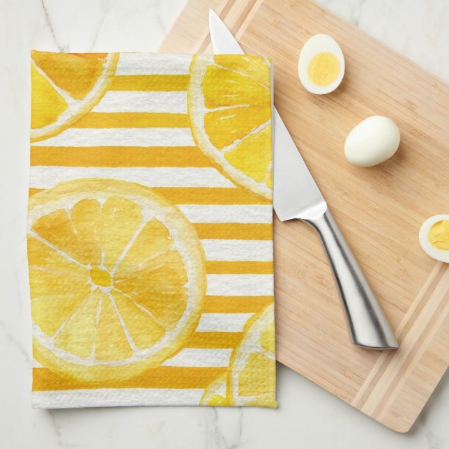 Watercolor Lemons & Stripes Kitchen Towel (Quarter Fold)