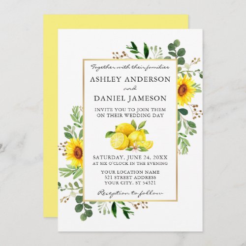 Watercolor Lemons Sunflowers Greenery Wedding Invitation