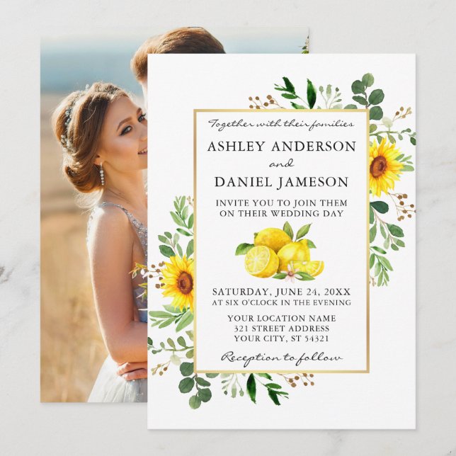 Watercolor Lemons Sunflowers Photo Back Wedding Invitation (Front/Back)