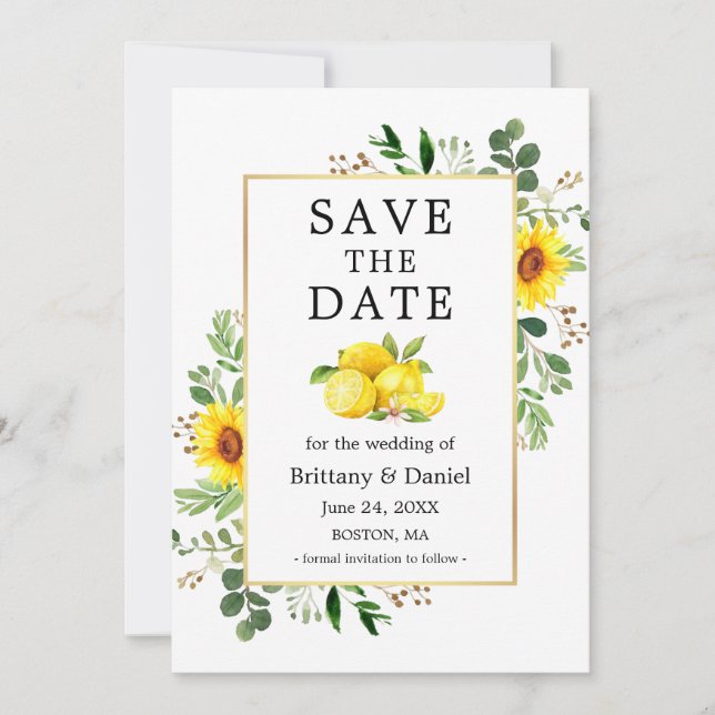 Watercolor Lemons Sunflowers Save The Date Card (Front)