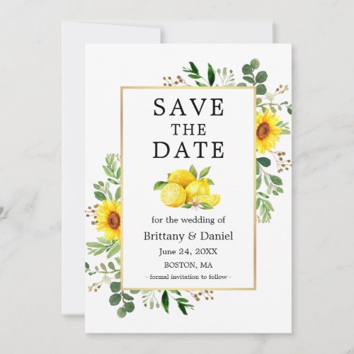 Watercolor Lemons Sunflowers Save The Date Card