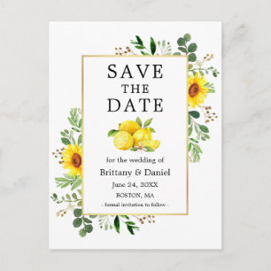 Watercolor Lemons Sunflowers Save The Date Postcard