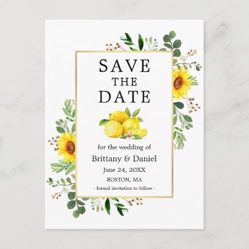 Watercolor Lemons Sunflowers Save The Date Postcard