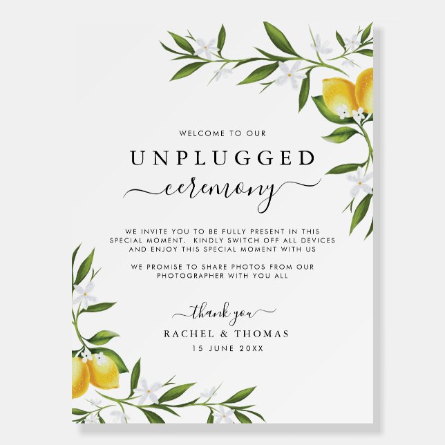 Watercolor lemons unplugged ceremony sign (Front)