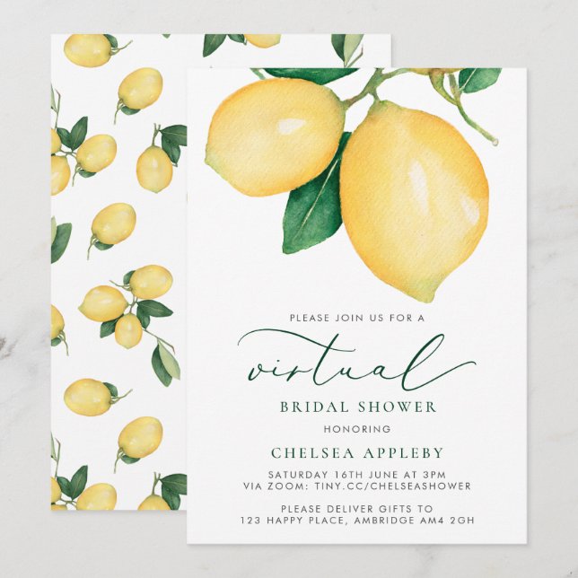 Watercolor Lemons Virtual Bridal Shower Invitation (Front/Back)